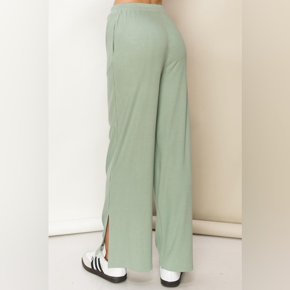 226B-SAGE Ribbed Slit Side Wide Let Pants - Picture 3 of 5